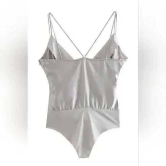 Zara Dove Gray Satin Bodysuit Strappy Sexy Wrap V-Neck Dressy Blouse Size XS - Picture 3 of 14